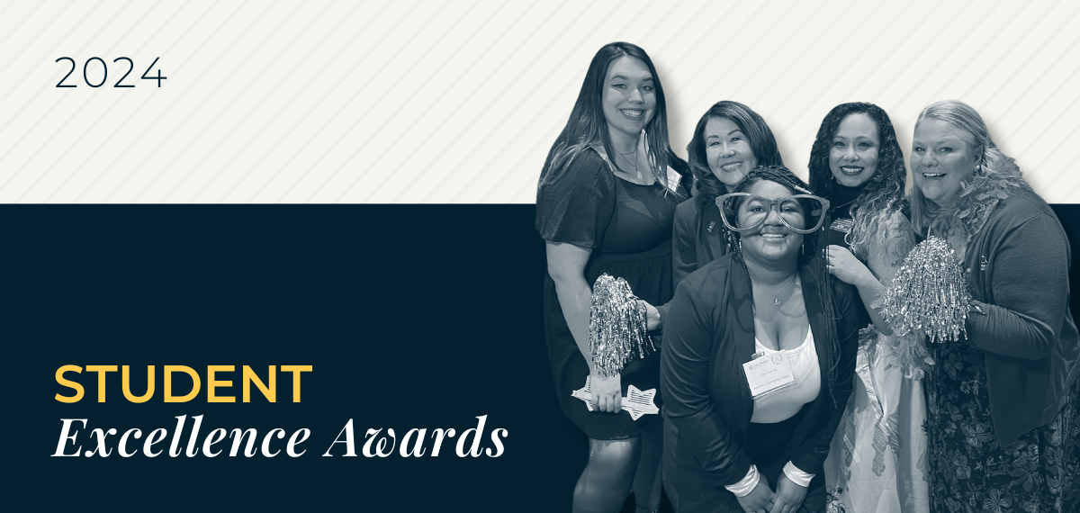 Graphic with text, "2024 Student Excellence Awards", featuring image of five people from the Ҵýs' colleges.